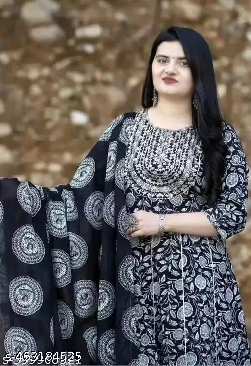 Black Premium Printed Designer Anarkali Embroidery Women Rayon Kurta With Pant And Cotton Dupatta