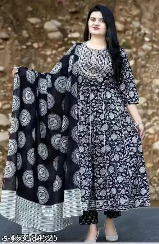 Black Premium Printed Designer Anarkali Embroidery Women Rayon Kurta With Pant And Cotton Dupatta