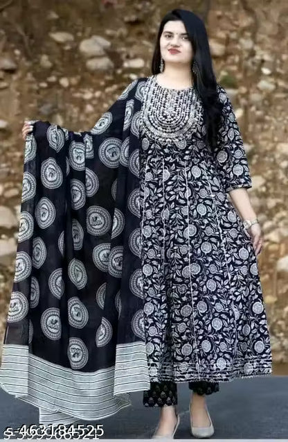 Black Premium Printed Designer Anarkali Embroidery Women Rayon Kurta With Pant And Cotton Dupatta