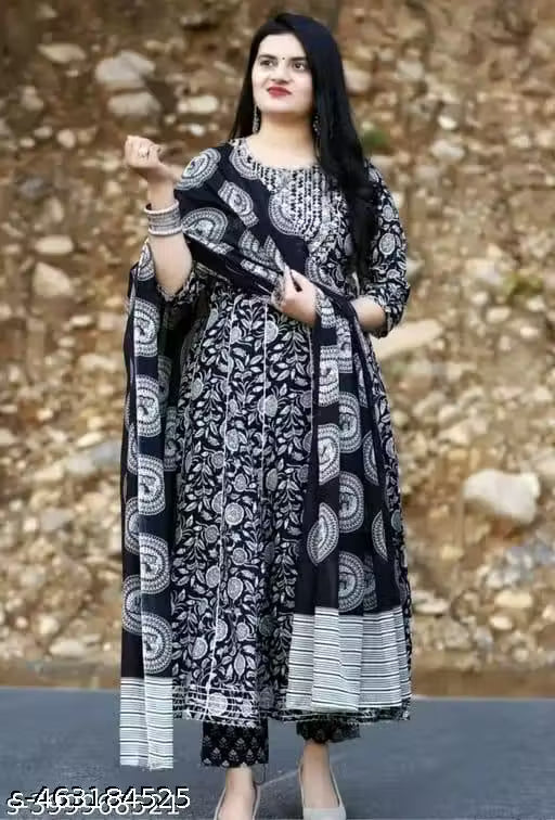 Black Premium Printed Designer Anarkali Embroidery Women Rayon Kurta With Pant And Cotton Dupatta