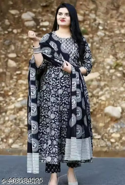 Black Premium Printed Designer Anarkali Embroidery Women Rayon Kurta With Pant And Cotton Dupatta