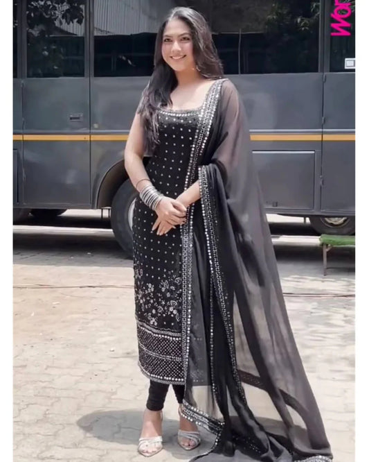 BLACK ANARKALI SUIT WITH THREAD, SEQUIN & REAL MIRROR DETAILING
