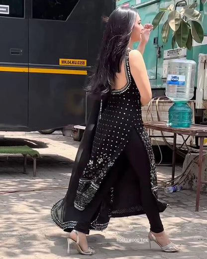 BLACK ANARKALI SUIT WITH THREAD, SEQUIN & REAL MIRROR DETAILING