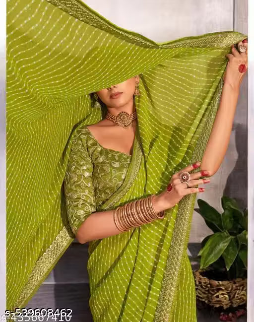 Bandhani Printed saree with Banarasi Lace Border and with unstitched blouse piece